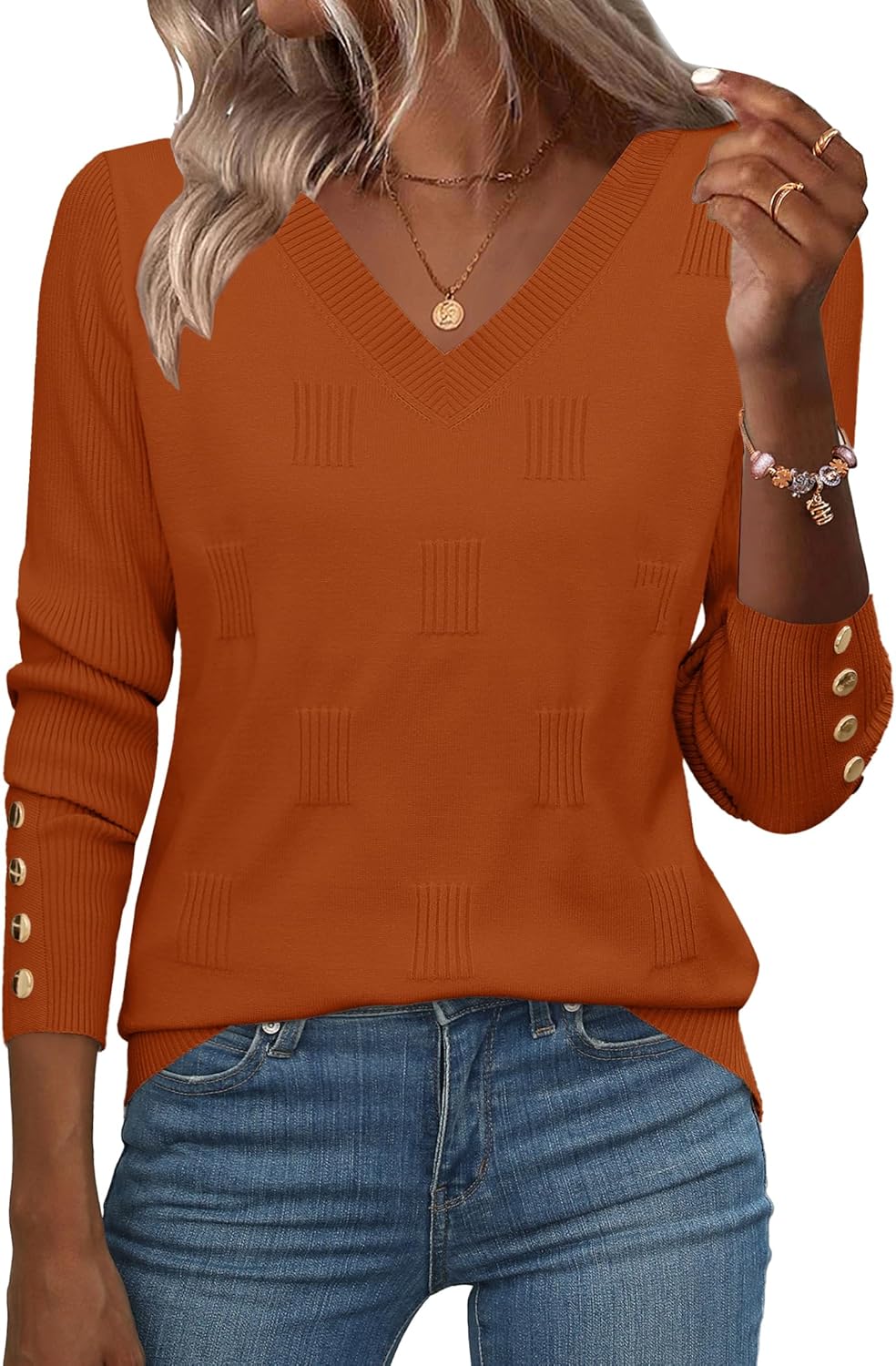 Zeagoo Womens V Neck Sweaters Shirts Long Sleeve Lightweight Ribbed Knit Pullover Sweater Blouse Tops with Buttons Oufits