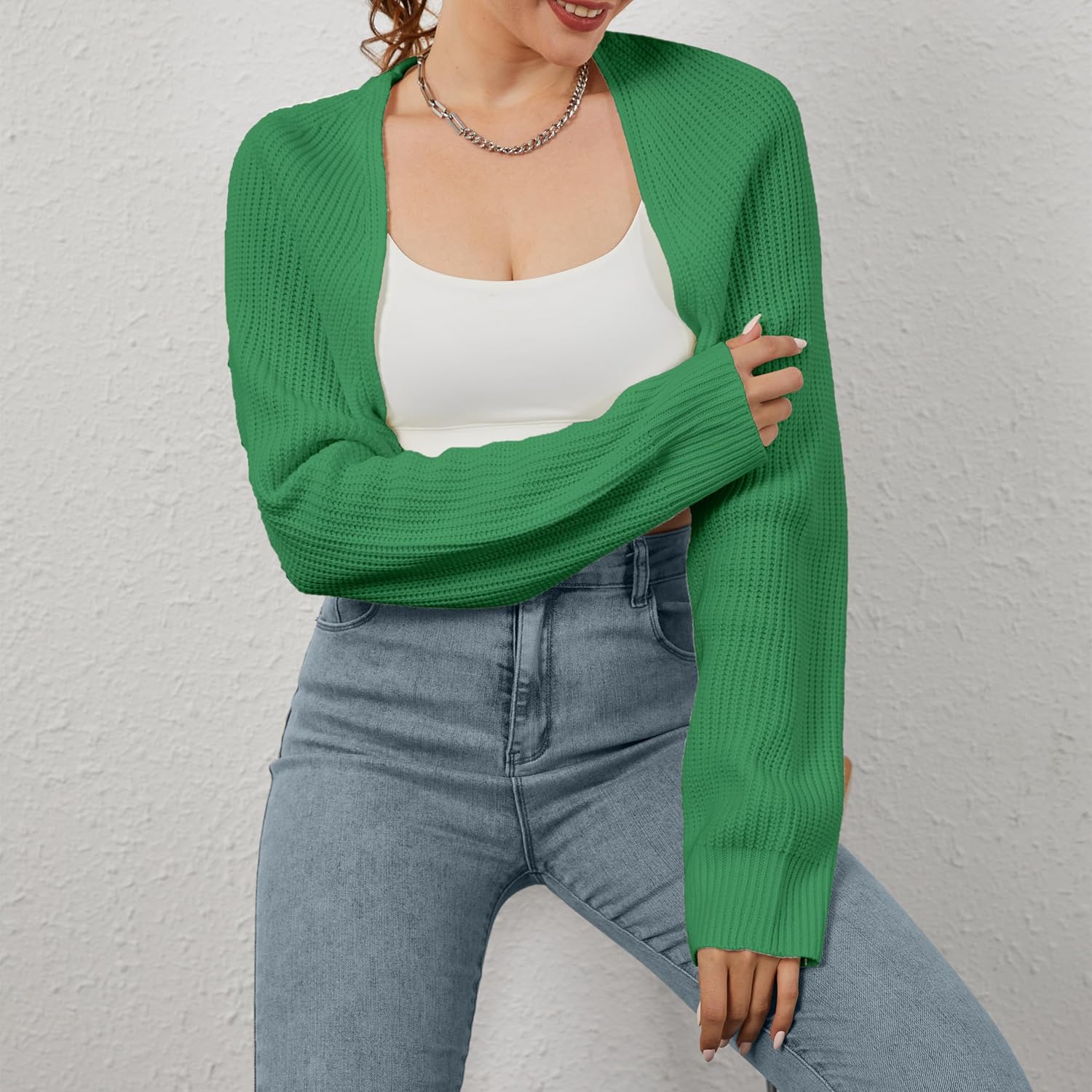 Women Open Front Ribbed Knit Crop Bolero Drop Shoulder Long Sleeve Solid Loose Fit Knitted Crop Cardigan Shrug