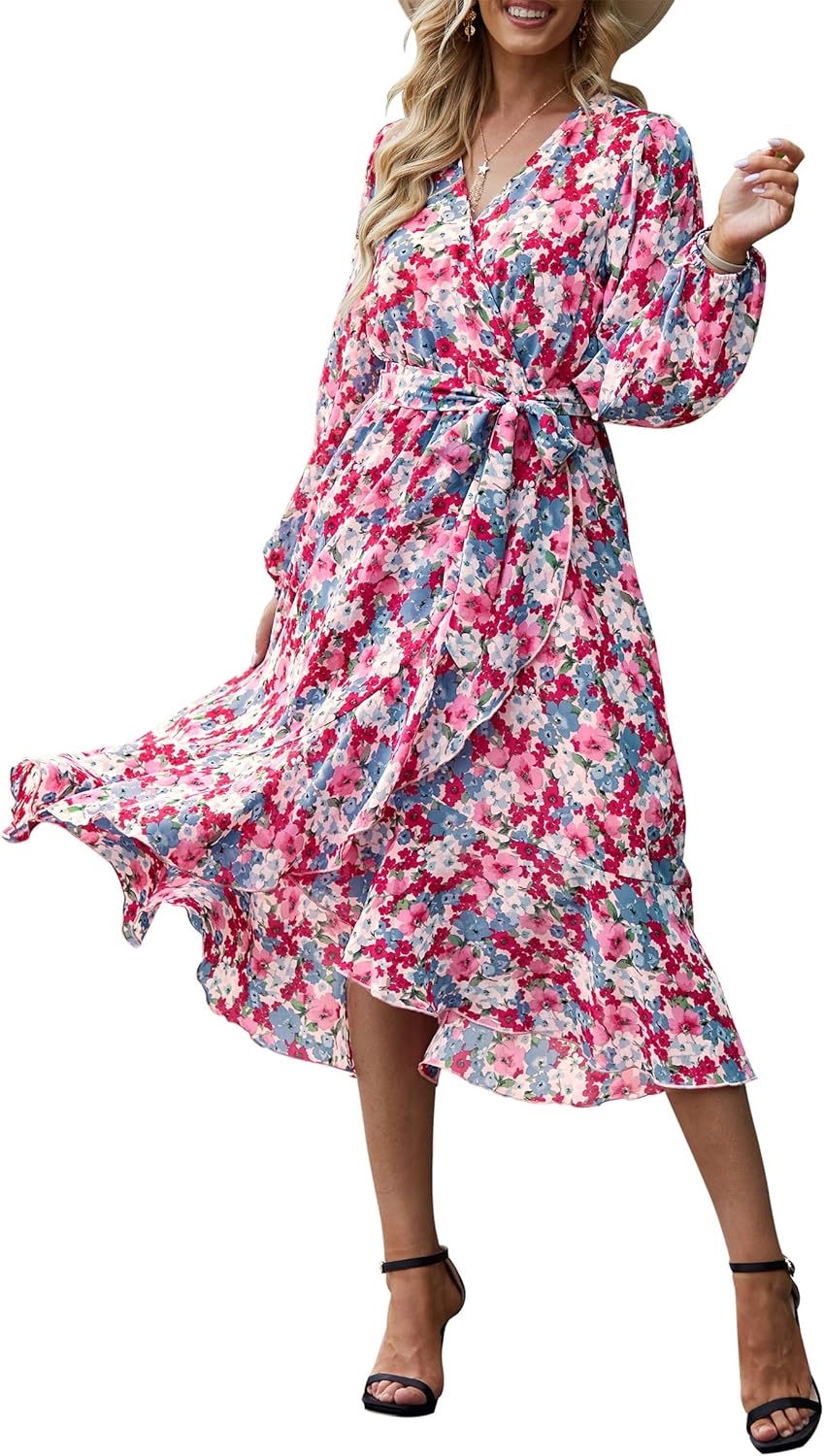 PRETTYGARDEN Women's Floral Boho Dress Fall Long Sleeve Wrap V Neck Ruffle Flowy Maxi Spring Wedding Guest Vacation Dresses