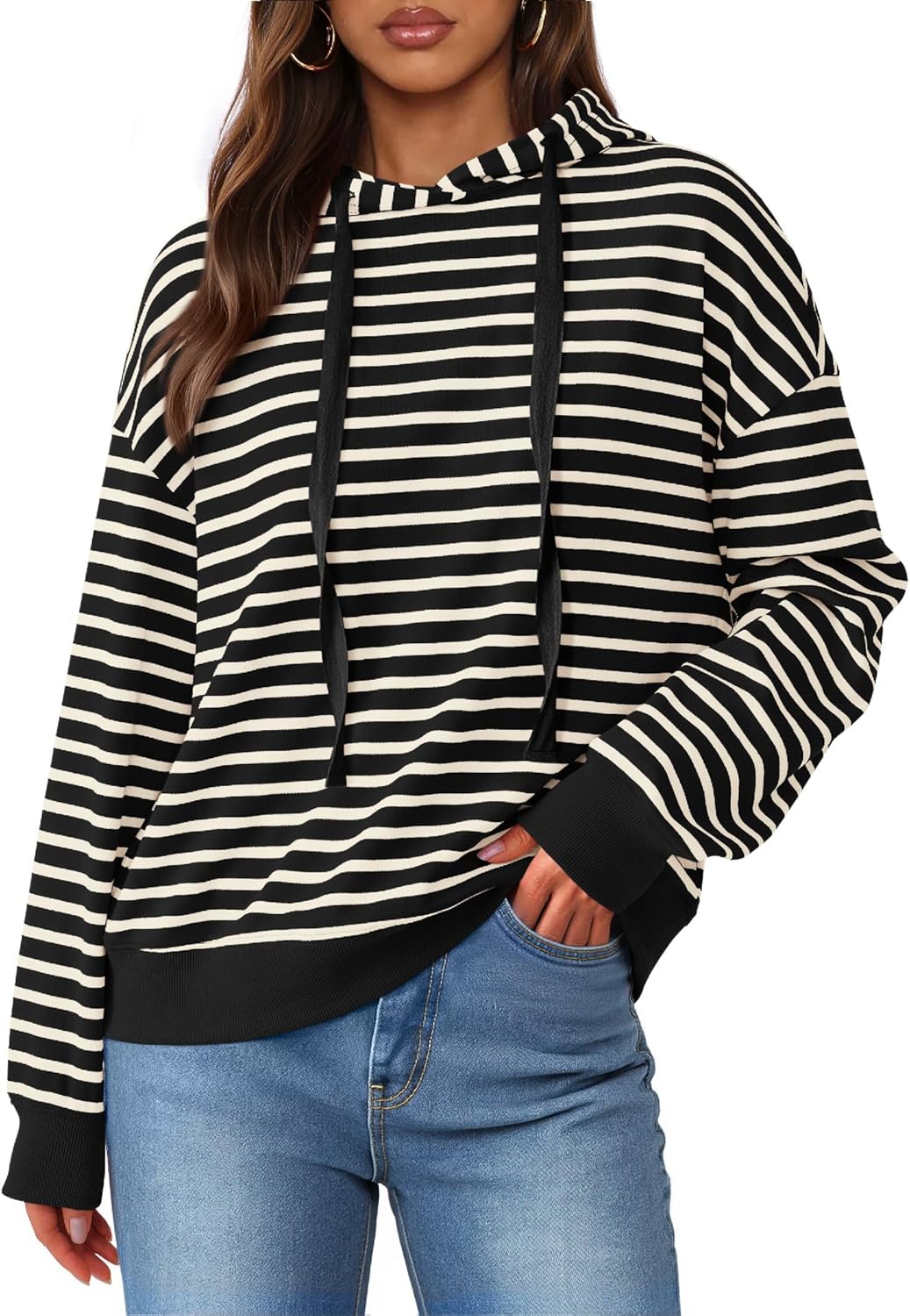 KIRUNDO Womens Hoodies Long Sleeve Striped Drawstring Sweatshirt Loose Fit Hooded Pullover Tops Fall Winter Clothing