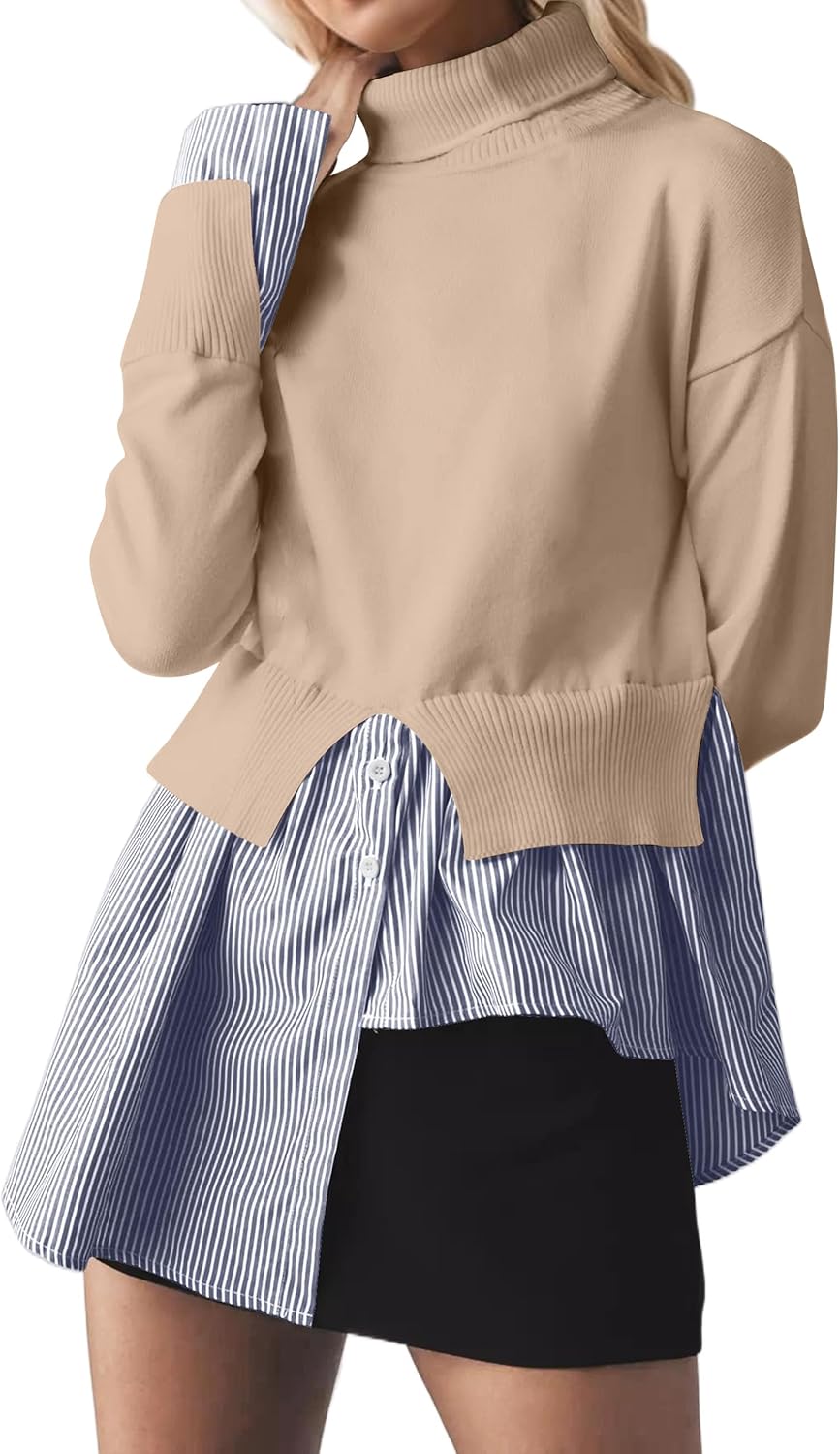 MISSACTIVER Women Slit Turtleneck Patchwork Sweater 2 in 1 Buttons Down Pullover Knit Sweater Asymmetrical Hem Shirt Top