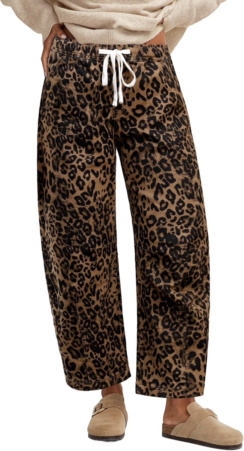 GRAPENT Barrel Jeans for Women Trendy High Waisted Pull On Wide Leg Cropped Leopard Cheetah Print Stretchy Denim Pants