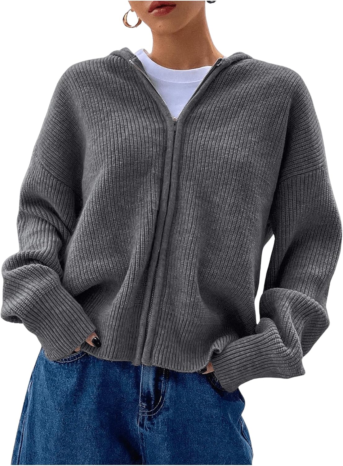 SOLY HUX Zip Up Cardigan for Women Hooded Cardigan Sweater Knitted Drop Shoulder Fall Clothes Winter Hoodies Outerwear