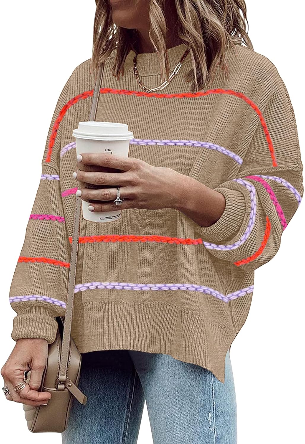 Women's Oversized Crewneck Sweaters Batwing Long Sleeve Side Slit Ribbed Knit Pullover Sweater Tops