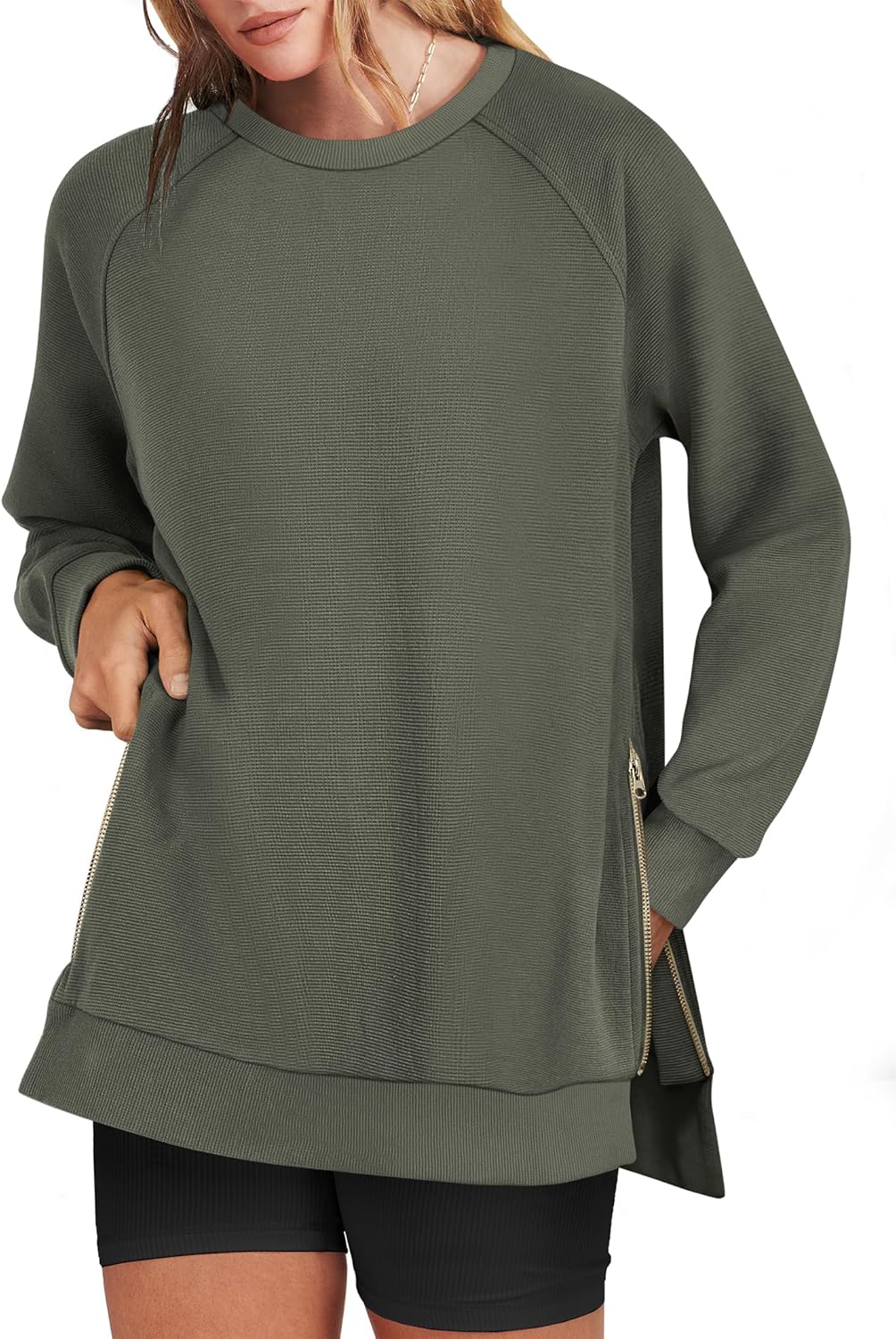 ANRABESS Women's Oversized Sweatshirts Crewneck Long Sleeve Tunic Pullover Shirts Side Zipper Hoodies 2025 Fall Clothes