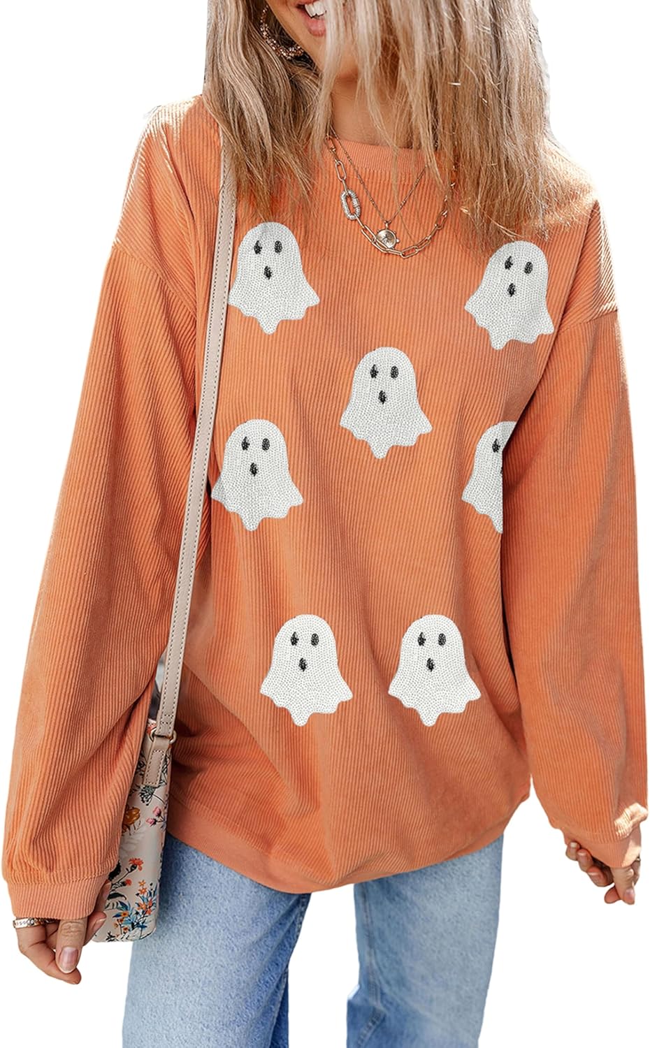 SELINK Womens Crewneck Oversized Corduroy Corded Sweatshirt Long Sleeve Casual Pullover Tops