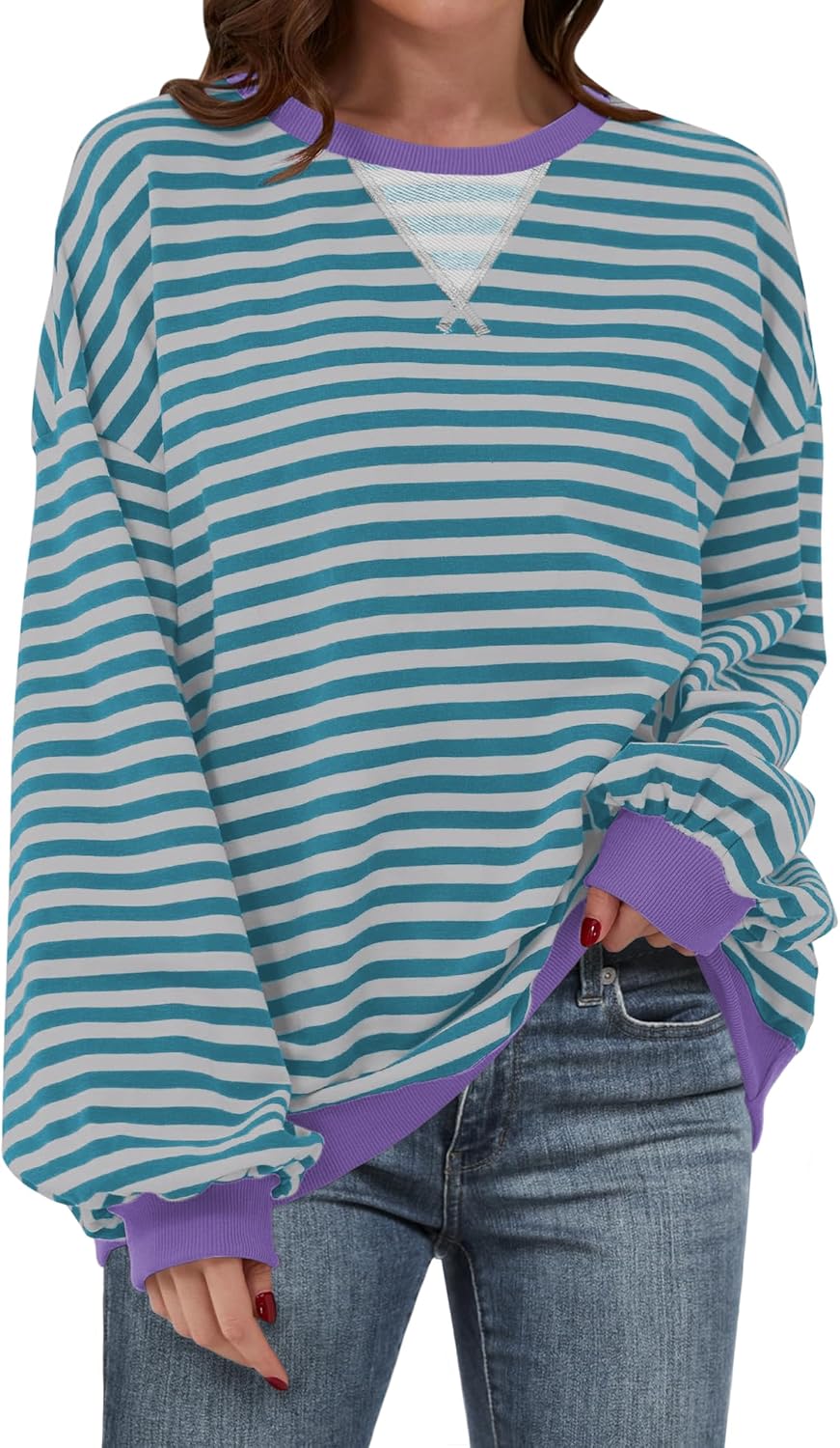 ANRABESS Women Striped Sweatshirts Oversized Crewneck Long Sleeve Shirts Y2K Pullover Top 2025 Fall Outfits Fashion Clothes