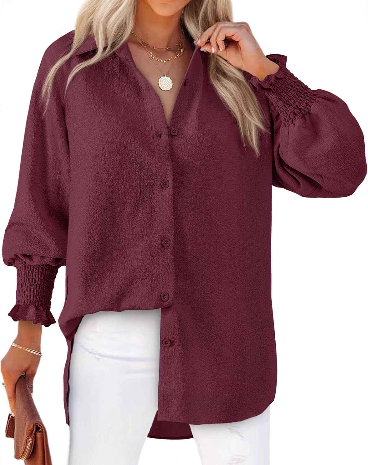 Women's Striped Button Down Shirts Long Sleeve Smocked Cuffed Oversized Boyfriend Blouses Collared Work No Pockets Tops