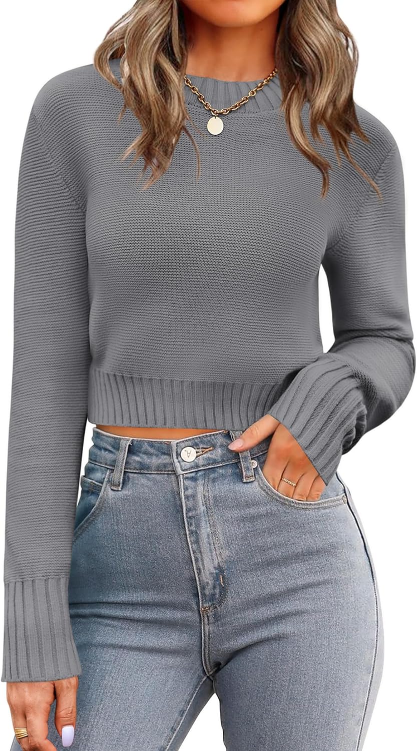 Zeagoo Women's 2025 Fall Crewneck Cropped Sweater Trendy Long Sleeve Ribbed Knit Pullover Jumper Tops
