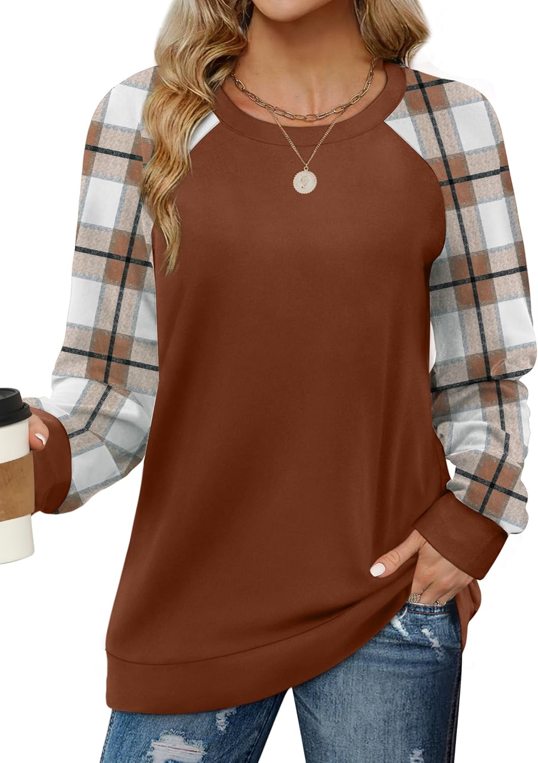 Saloogoe Sweatshirts for Women Crewneck Cable Knit Sleeve Sweaters Lightweight Fashion 2025