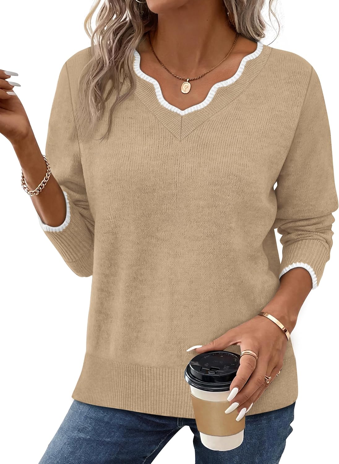 OFEEFAN Womens V Neck Sweaters Pullover Cozy Lightweight Sweaters Long Sleeve Tops Fall Outfits 2025