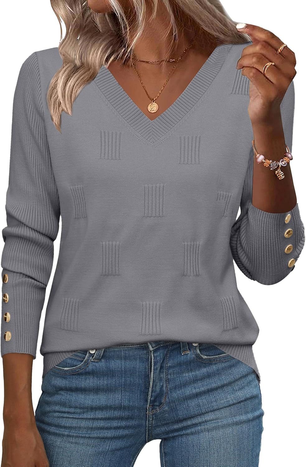 Zeagoo Womens V Neck Sweaters Shirts Long Sleeve Lightweight Ribbed Knit Pullover Sweater Blouse Tops with Buttons Oufits