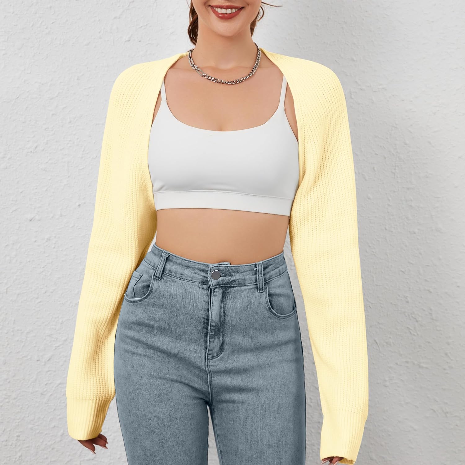 Women Open Front Ribbed Knit Crop Bolero Drop Shoulder Long Sleeve Solid Loose Fit Knitted Crop Cardigan Shrug