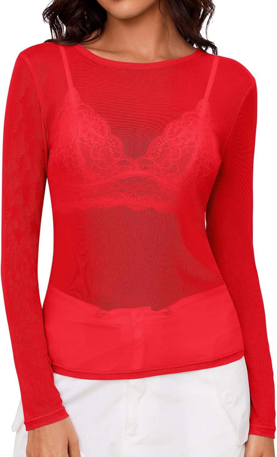 AKEWEI Womens Mesh Long Sleeve Tops Crew Neck Sexy See Through Tee Shirts Party Club Night Lace Blouse