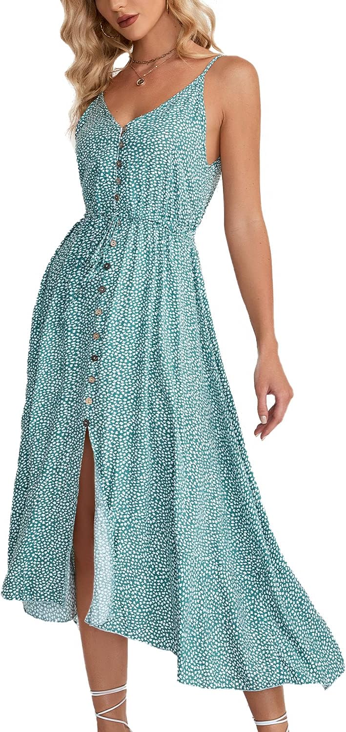 BROVAVE Women's 2025 Summer Casual Boho Sundress Polka Dot Spaghetti Strap V Neck Flowy Midi Dresses