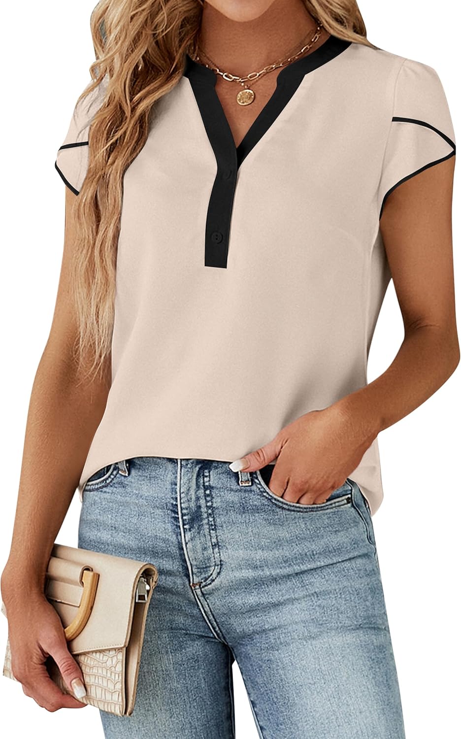 Blooming Jelly Women's Dressy Casual Tops Business Work Blouses White Button Down Shirts Cap Sleeve V Neck Tshirt