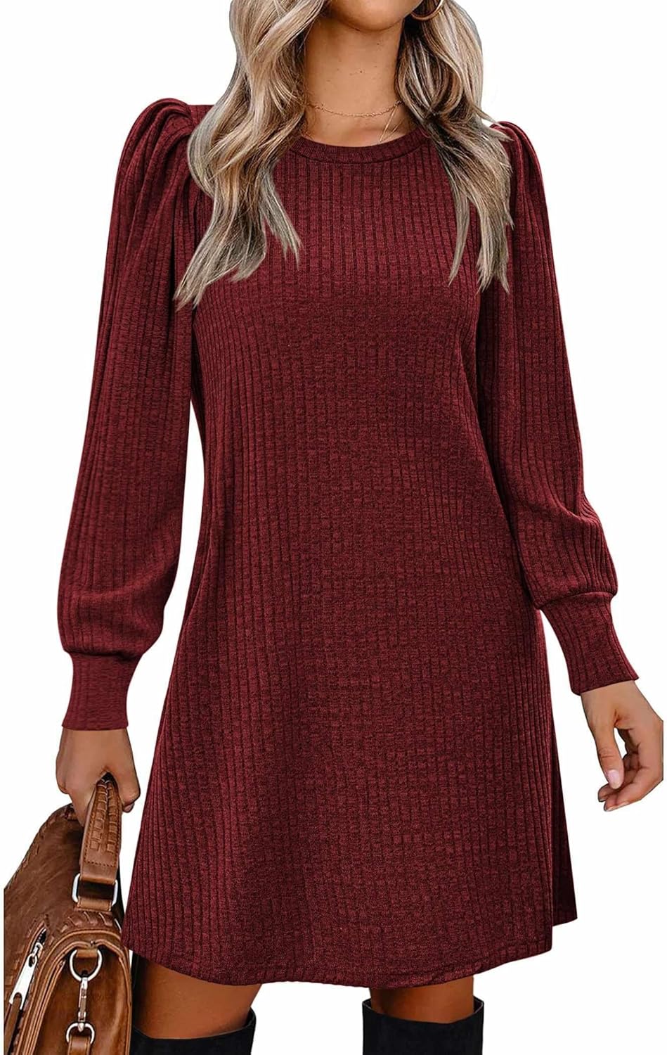 Zeagoo Women's Knit Dress with Puff Sleeves for Fall & Winter - Round Neck Casual Tunic Dress