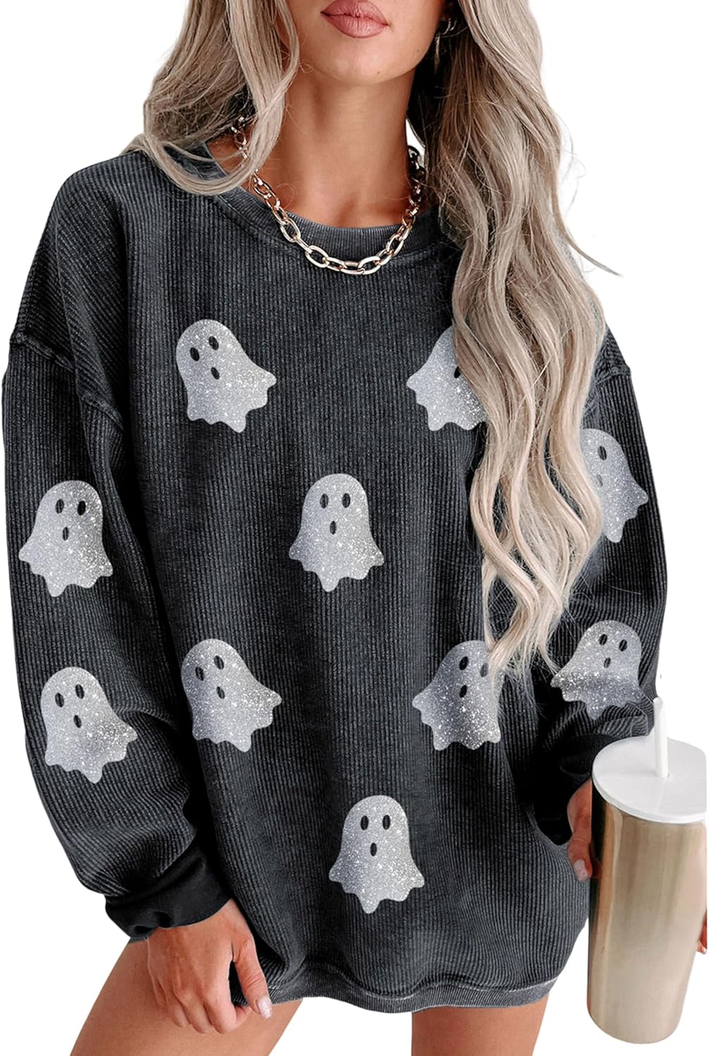 SELINK Womens Crewneck Oversized Corduroy Corded Sweatshirt Long Sleeve Casual Pullover Tops