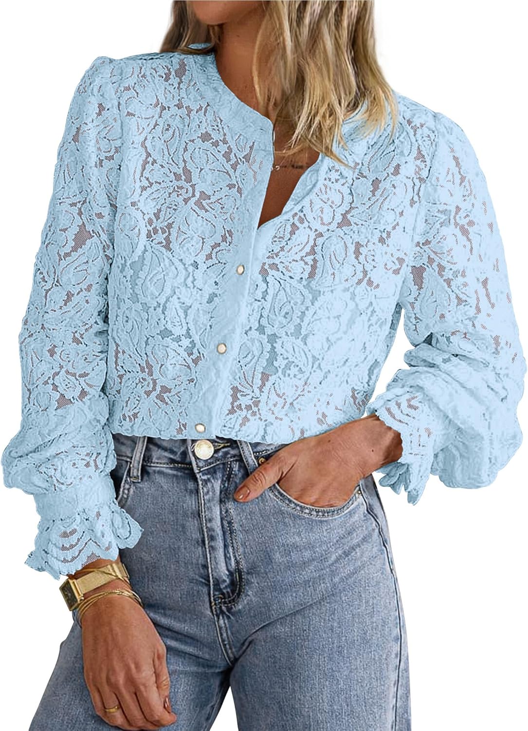 PRETTYGARDEN Women's Dressy Casual Lace Blouse Long Sleeve Button Up Shirts Tops Spring Fall Fashion Clothes