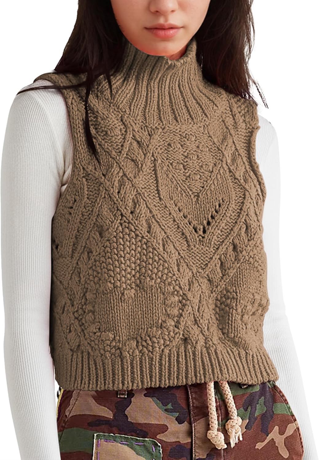 Hixiaohe Turtleneck Crochet Sweater Vest Fall Fashion Knit Sleeveless Tank Tops for Women Lightweight Casual Pullover Clothes