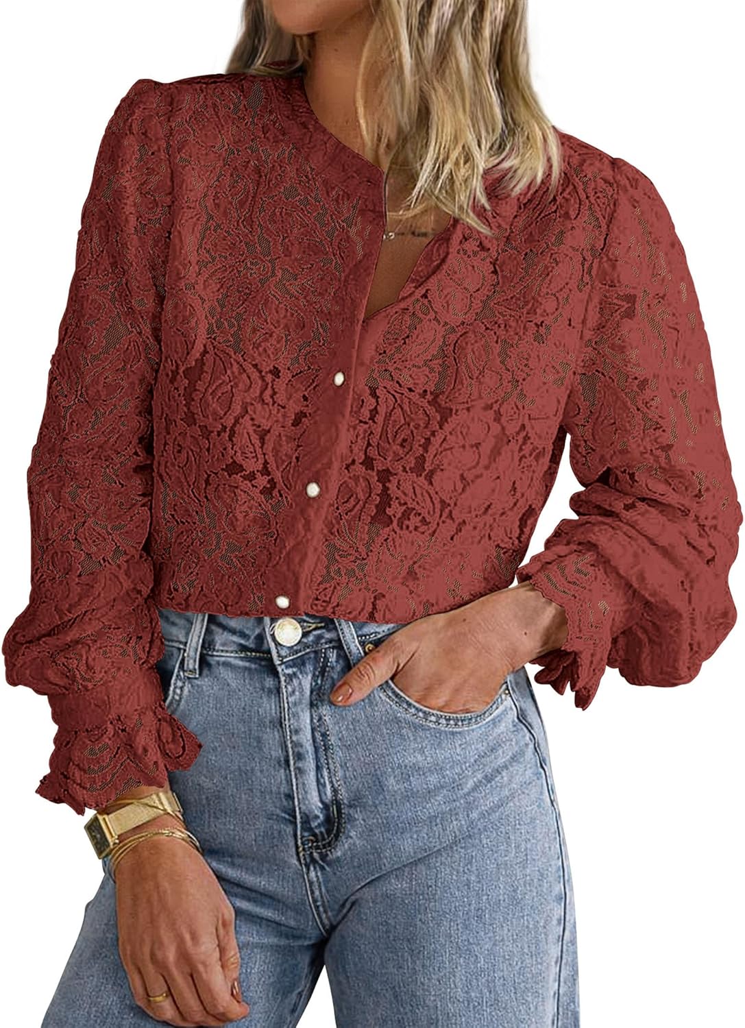 PRETTYGARDEN Women's Dressy Casual Lace Blouse Long Sleeve Button Up Shirts Tops Spring Fall Fashion Clothes