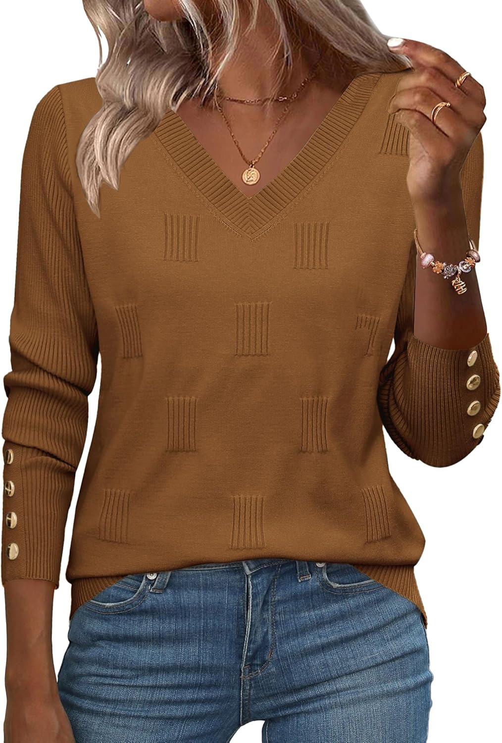 Zeagoo Womens V Neck Sweaters Shirts Long Sleeve Lightweight Ribbed Knit Pullover Sweater Blouse Tops with Buttons Oufits