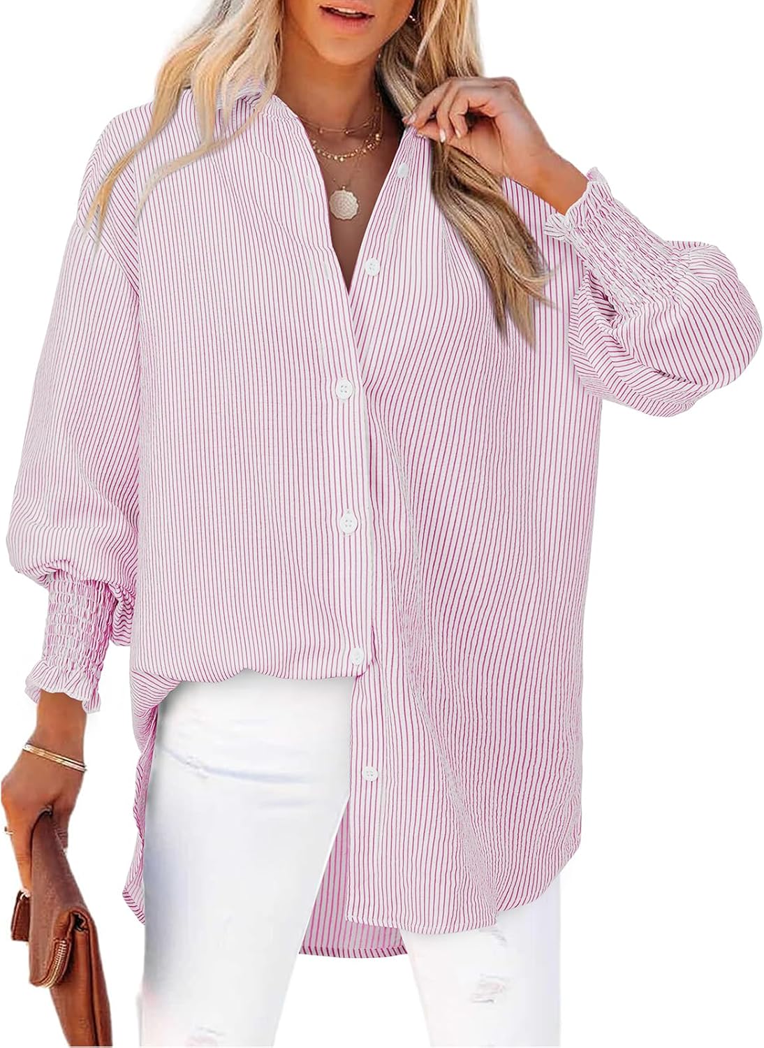 Women's Striped Button Down Shirts Long Sleeve Smocked Cuffed Oversized Boyfriend Blouses Collared Work No Pockets Tops