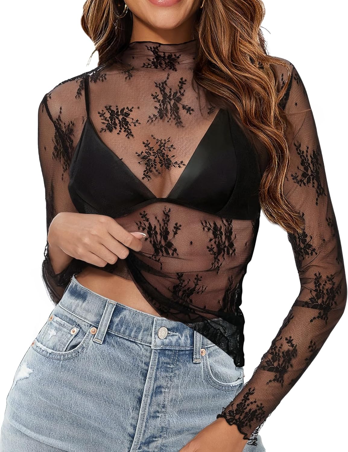 Buauty Mesh Long Sleeve Top for Women, Lace Sheer Tops See Through Mock Neck Floral Embroidery Sheer Blouce Fishnet Shirt