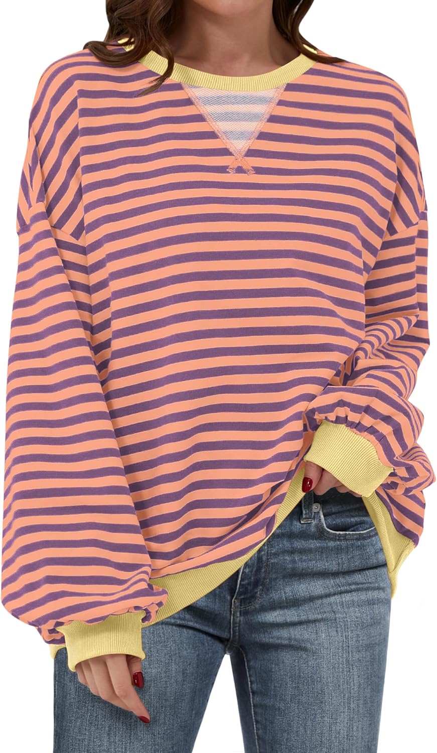 ANRABESS Women Striped Sweatshirts Oversized Crewneck Long Sleeve Shirts Y2K Pullover Top 2025 Fall Outfits Fashion Clothes