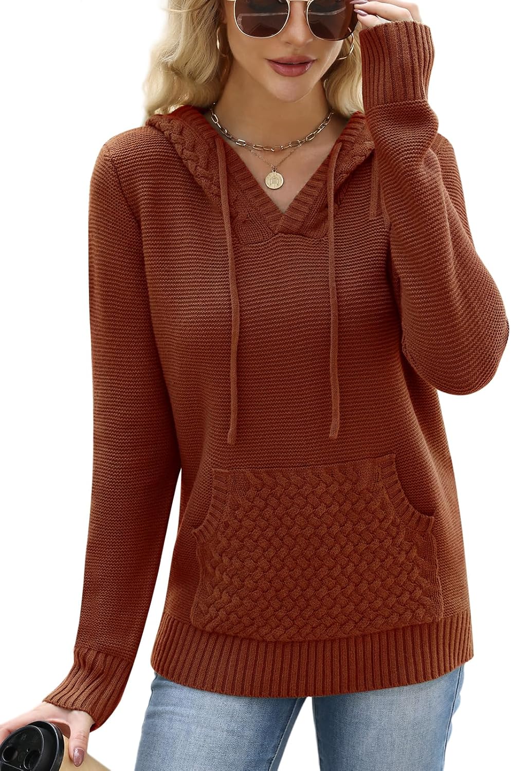 2025 Fall Hooded Sweater Women Oversized V Neck Fashion Knit Long Sleeve Pullover Drawstring Hoodie With Pocket