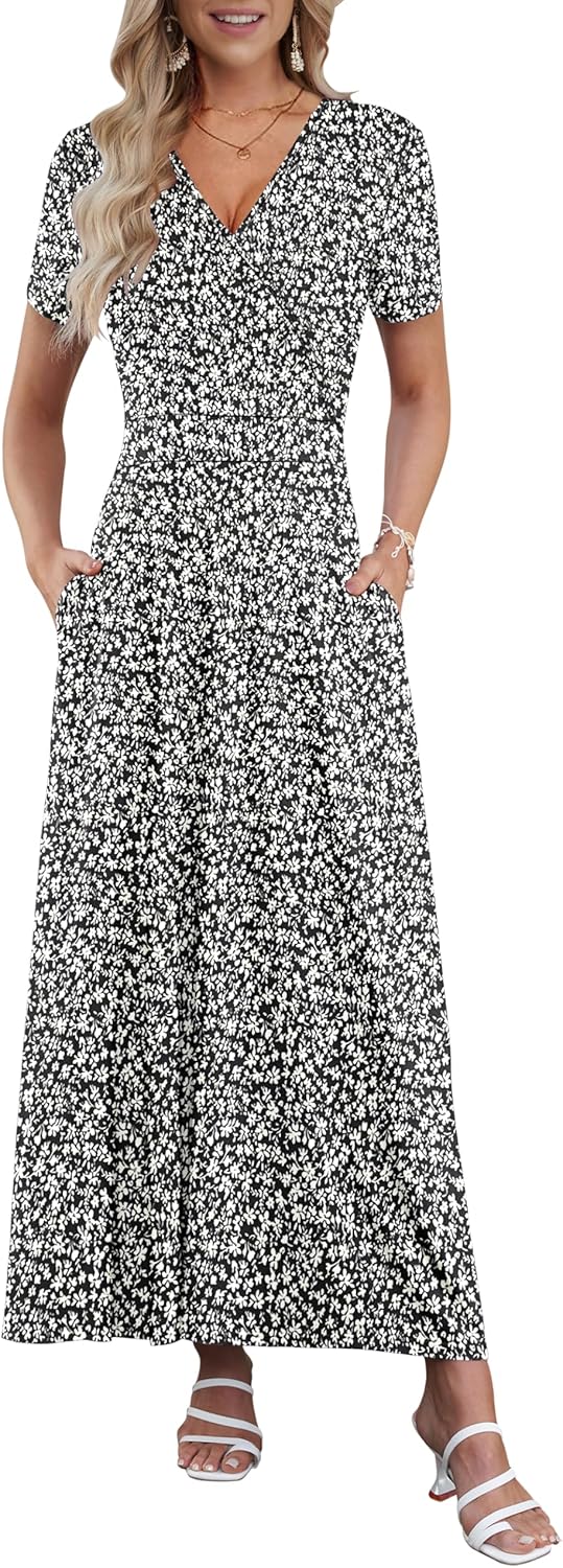 AUSELILY Maxi Dresses for Women Ankle Length Floral Print Beach Long Flowy Dress with Pockets