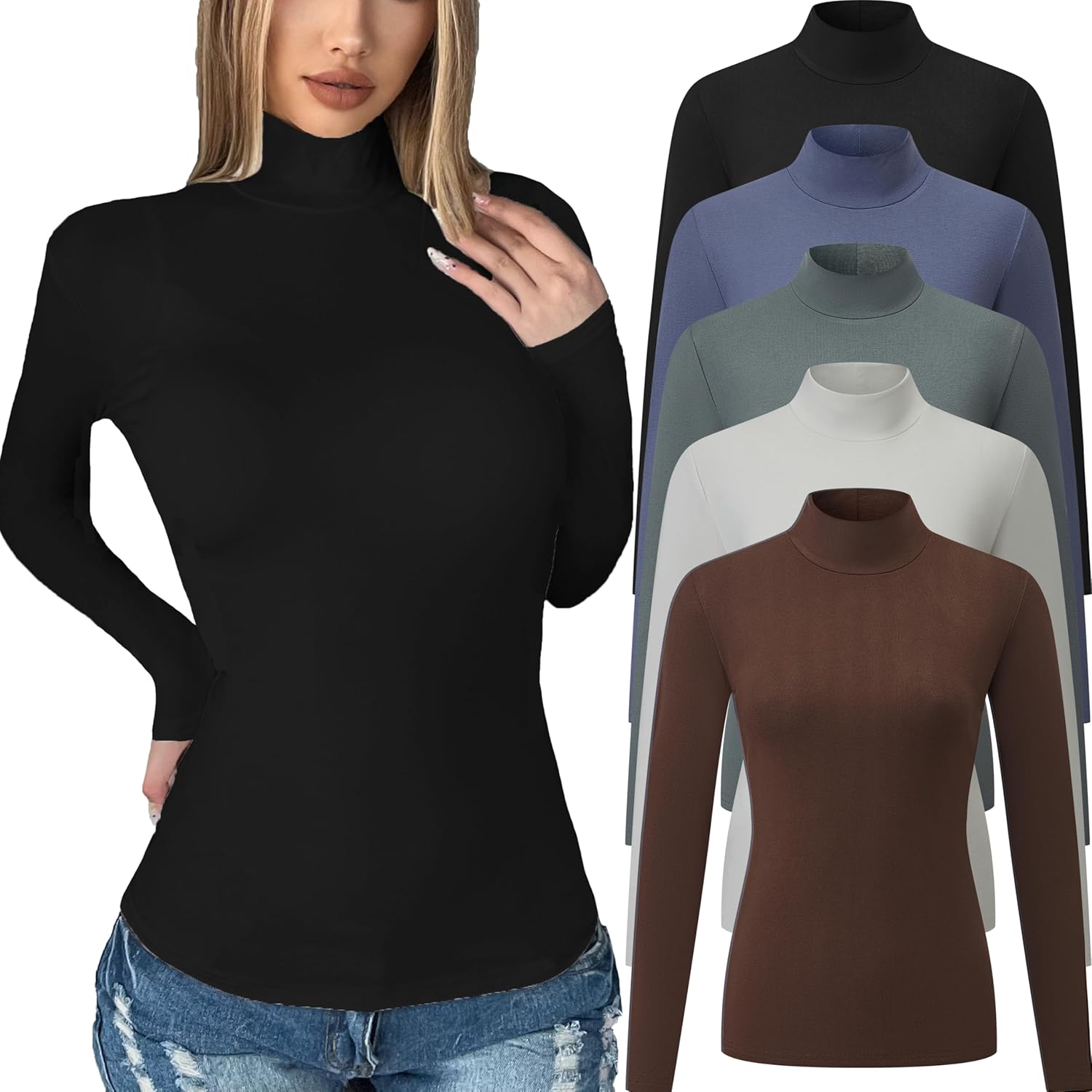 5 Pack Womens Long Sleeve Tops Mock Turtleneck Basic T Shirt Fall Stretch Tight Fitted Thermal Shirts