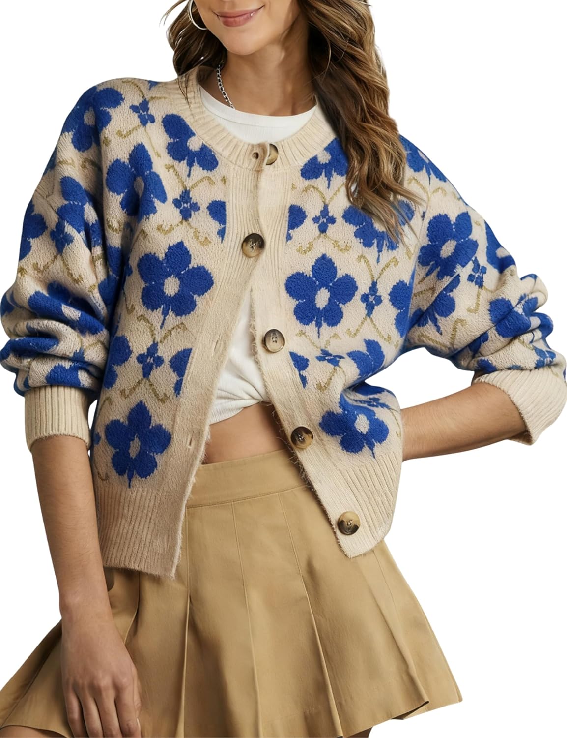 Women Floral Cardigan Sweater Open Front Long Sleeve Button Down Knit Sweater Vintage Outerwear