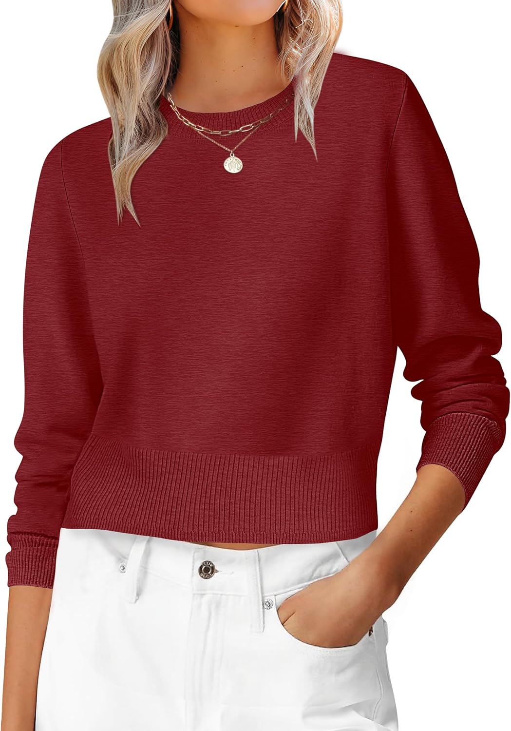 ANRABESS Women’s Long Sleeve Sweaters Cropped Crew Neck Business Casual Light Weight Sweater Tops Fall Fashion Clothes 2025
