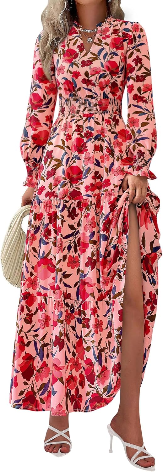 PRETTYGARDEN Women's Floral Maxi Dress 2025 Fall Long Sleeve V Neck Casual A Line Long Flowy Boho Party Dresses