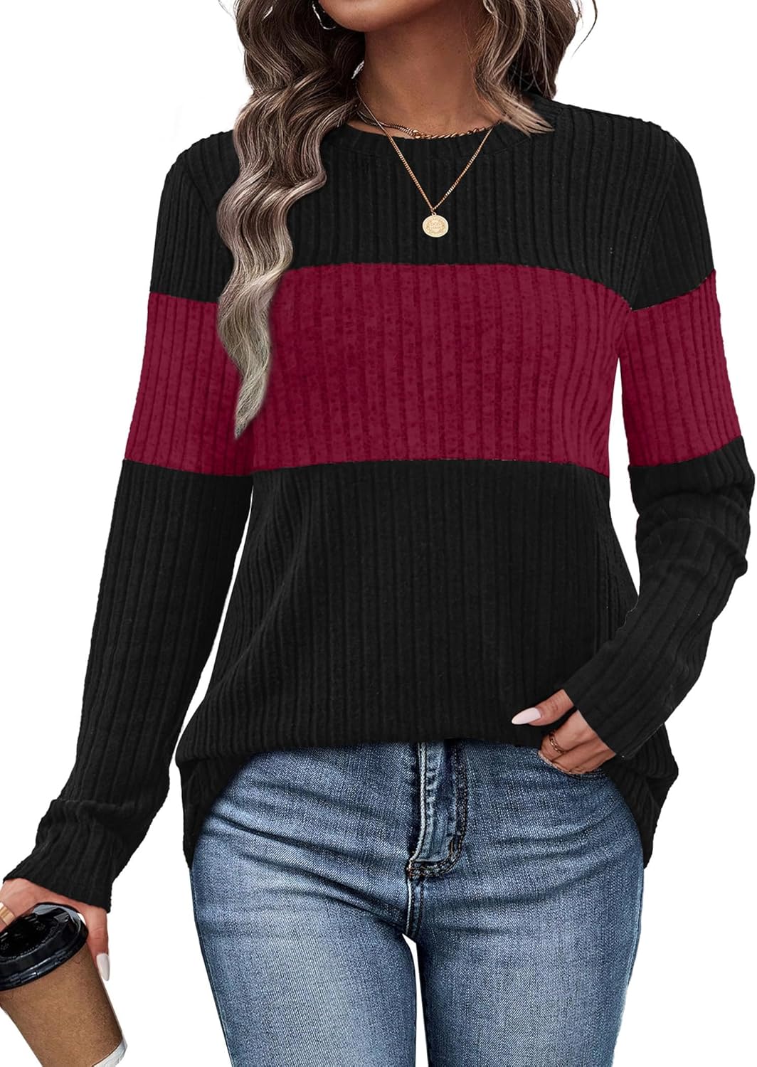 WIHOLL Womens Sweaters Trendy Color Block Tops Long Sleeve Shirts Fall Outfits Early Fall Fashion 2025 Winter Clothing