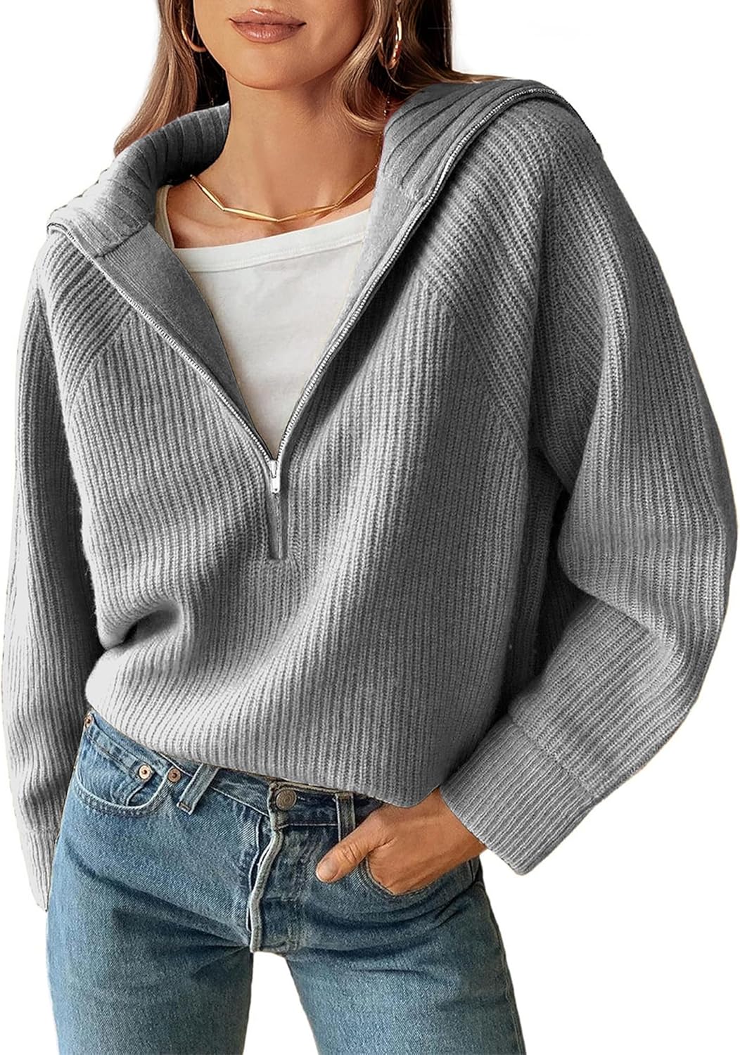 BTFBM Womens Sweaters Quarter Zip Pullover V Neck Collar Long Sleeve Ribbed Knit Loose Casual 2025 Winter Fall Sweater