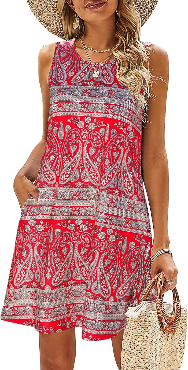 SimpleFun Summer Dresses for Women Beach Floral Tshirt Sundress Casual Pockets Boho Tank Dress