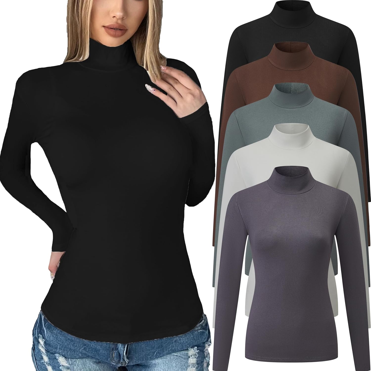 5 Pack Womens Long Sleeve Tops Mock Turtleneck Basic T Shirt Fall Stretch Tight Fitted Thermal Shirts