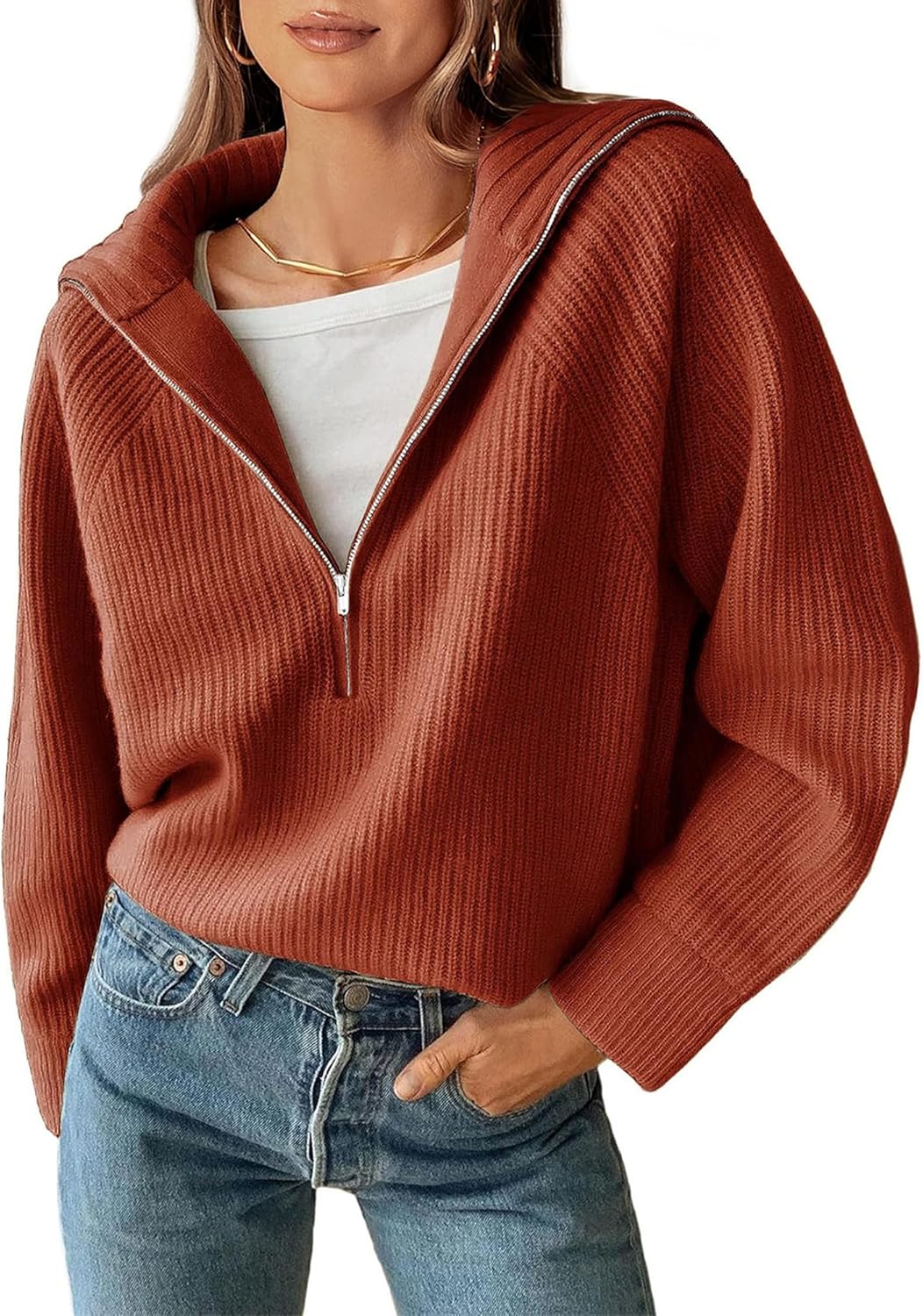BTFBM Womens Sweaters Quarter Zip Pullover V Neck Collar Long Sleeve Ribbed Knit Loose Casual 2025 Winter Fall Sweater