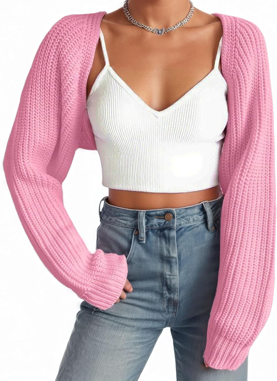 Women Open Front Ribbed Knit Crop Bolero Drop Shoulder Long Sleeve Solid Loose Fit Knitted Crop Cardigan Shrug