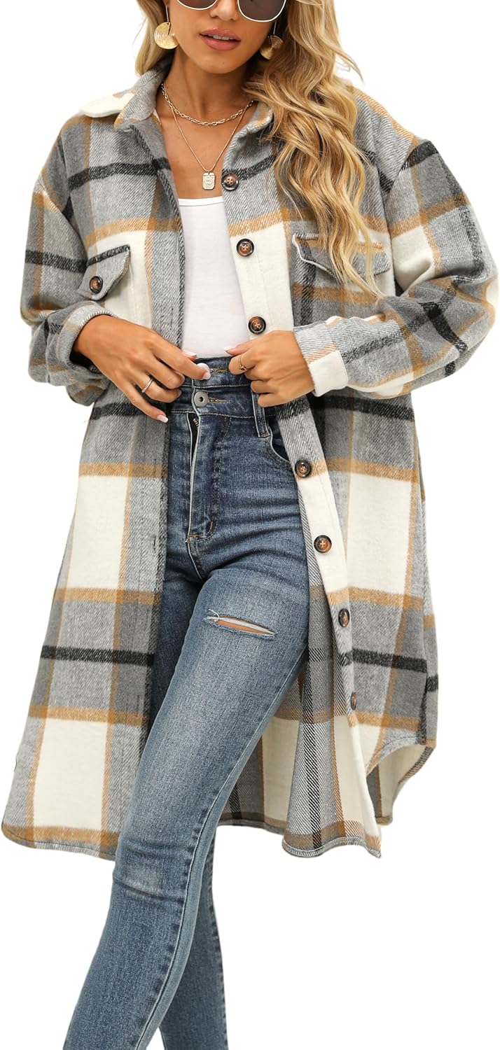 SKIKYAN Women Fall Flannel Plaid Shacket Jacket Oversized Button Down Long Shirt Jacket