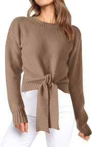 Okiwam Women's Long Sleeve Cropped Sweaters Casual Knit Pullover Tie Front Crew Neck Fall Outfits Fashion Clothes 2025