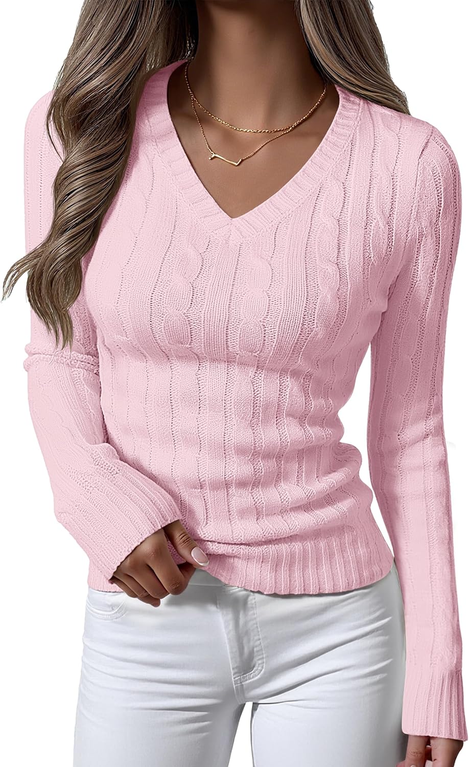 ANRABESS Womens Long Sleeve Cable Knit Sweater 2025 Fall Fashion V Neck Fitted Pullover Top Business Casual Work Fall Outfits
