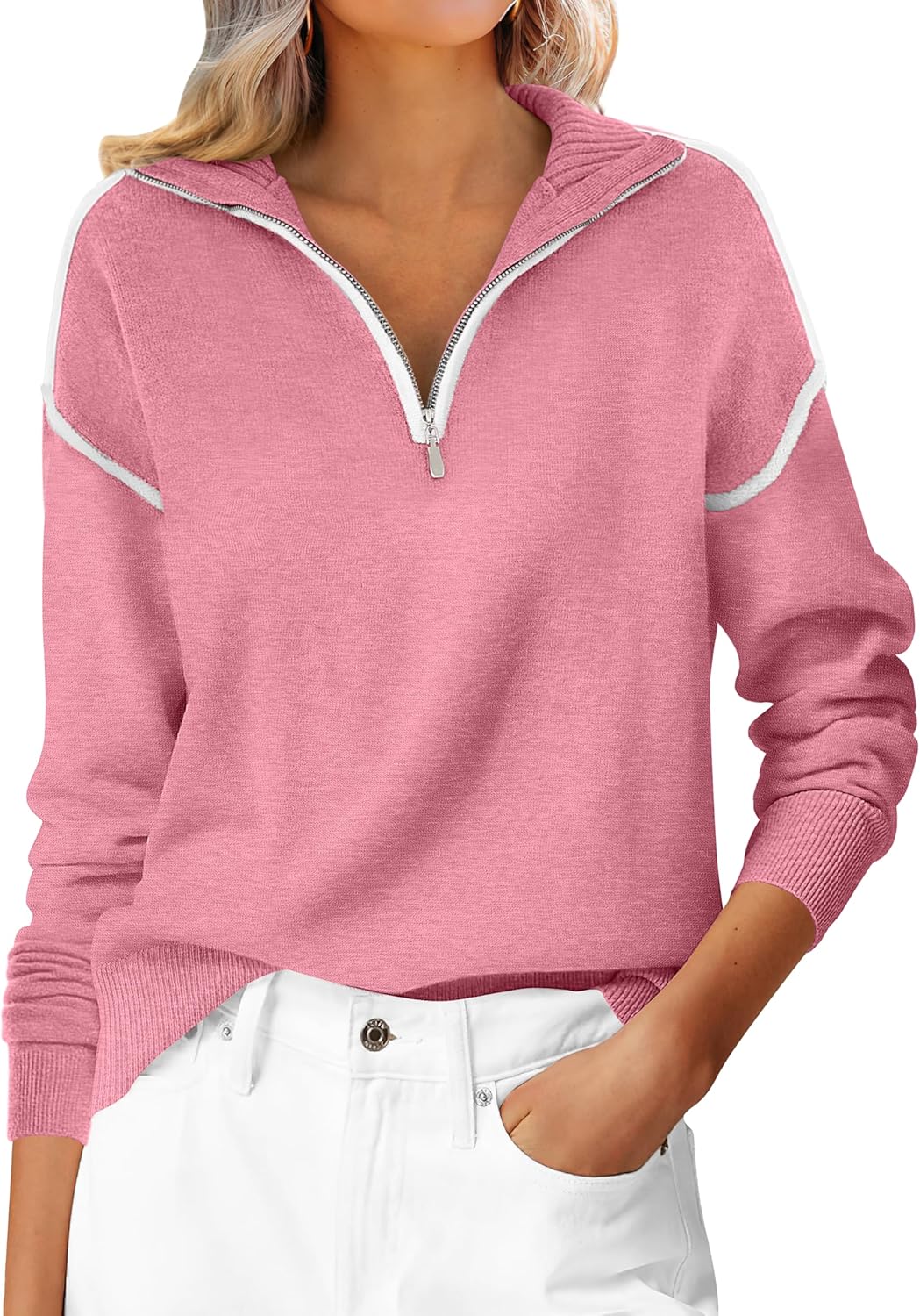 ANRABESS Womens Quarter Zip Sweaters Fall Long Sleeve V Neck Shirts Collared Business Casual Tops Knit Pullover Sweatshirts