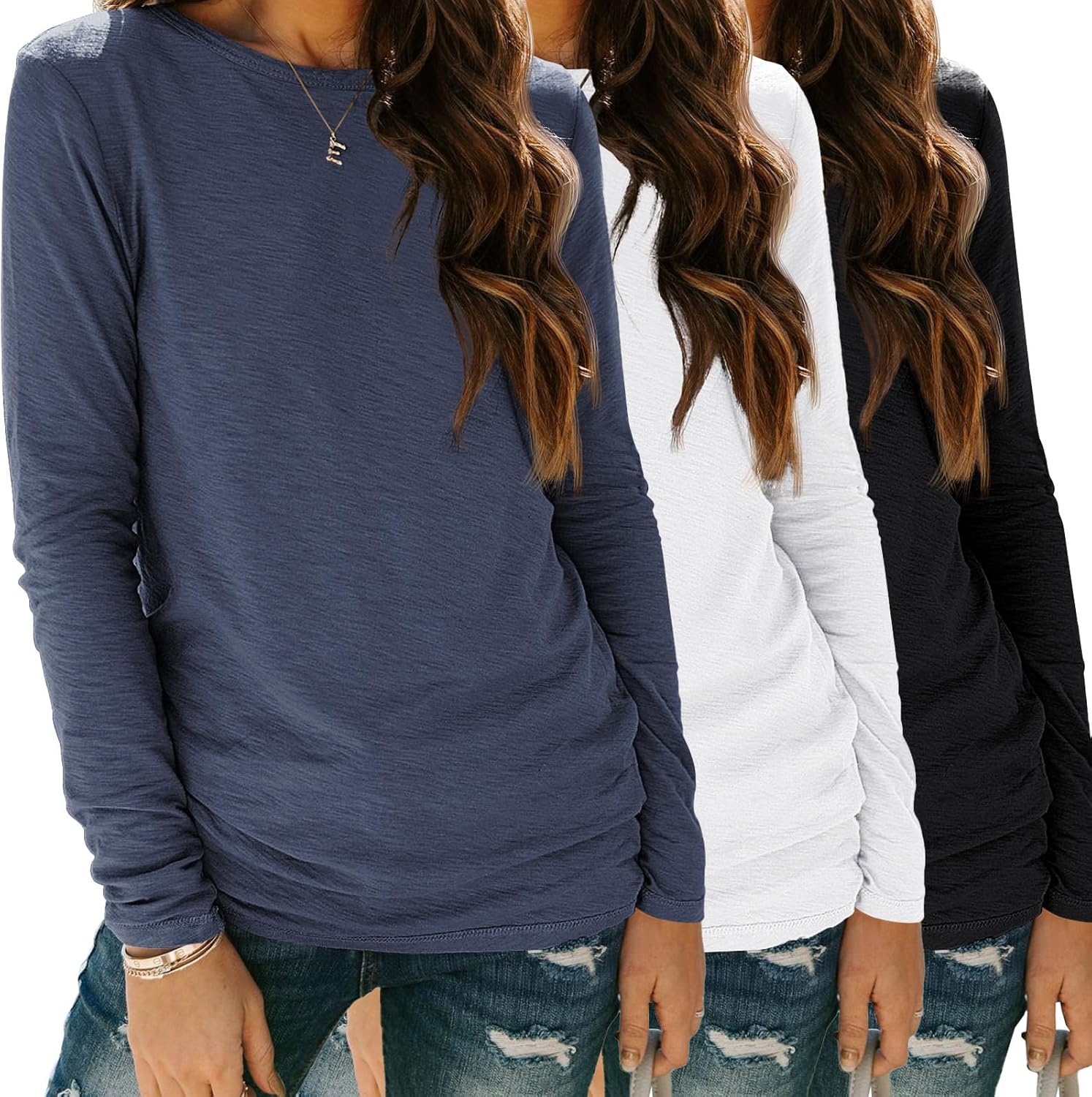 SUNBS Womens 3 Packs Long Sleeve Shirts Loose Fit Fall Tops Fashion Clothes 2025 Basic Workout Tees School Teacher Outfits