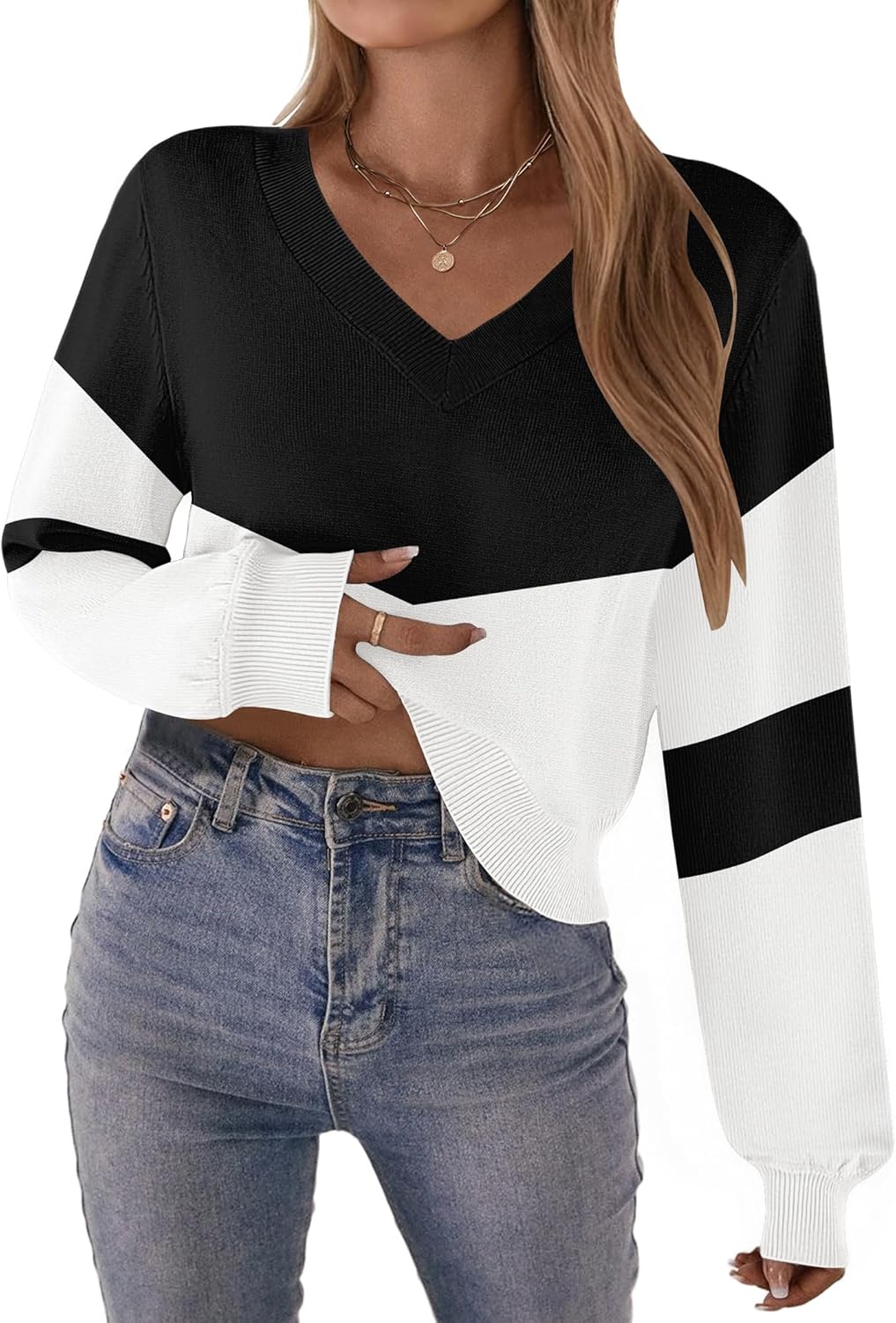 Zeagoo Women's 2025 Fall V-Neck Cropped Sweater Trendy Long Latern Sleeve Ribbed Knit Pullover Crop Tops