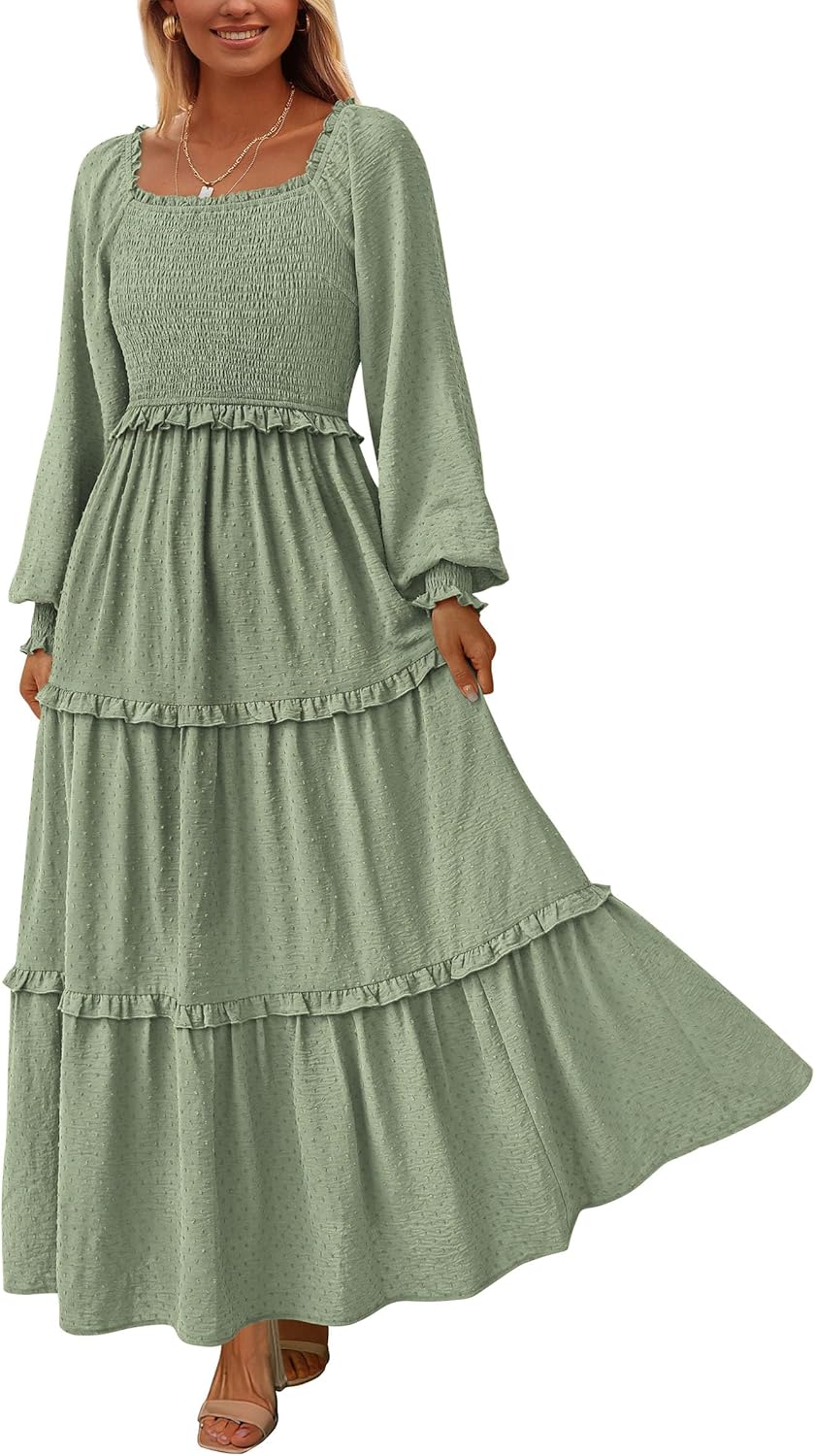PRETTYGARDEN Fall Dresses for Women 2025 Long Sleeve Smocked Square Neck Swiss Dot Tiered Flowy Wedding Guest Maxi Dress