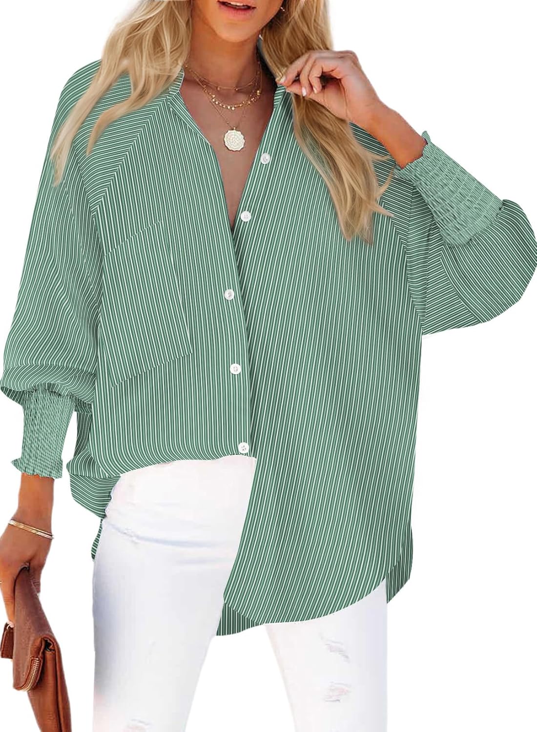 Womens Smocked Cuffed Striped Boyfriend Shirt Casual Collar Long Sleeve Oversized Button Down Blouse Tops with Pocket Shirred