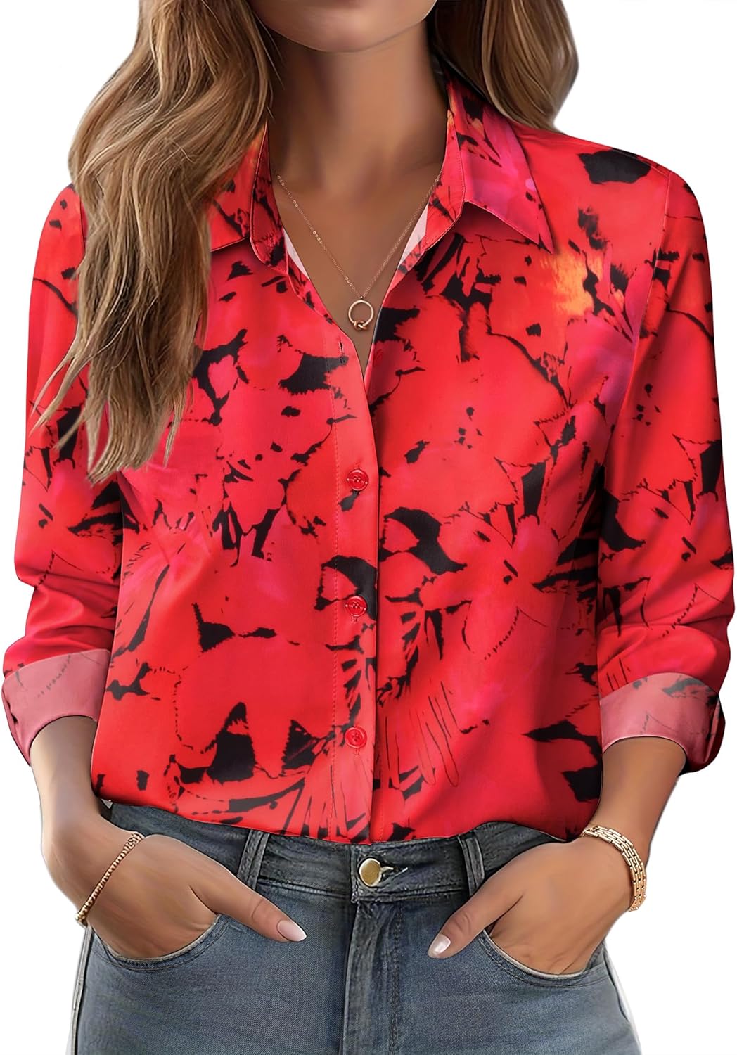 Zeagoo Button Down Shirts for Women Dressy Floral Printed Long Sleeve Blouse Business Casual Work Tops